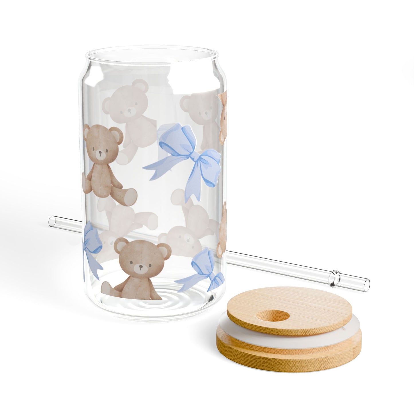 16oz Sipper Glass — Blue Bow & Teddy Bear Design