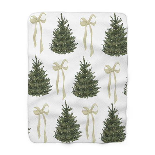 Christmas Tree Sherpa Fleece Blanket — Cozy Blanket with Coquette Bows