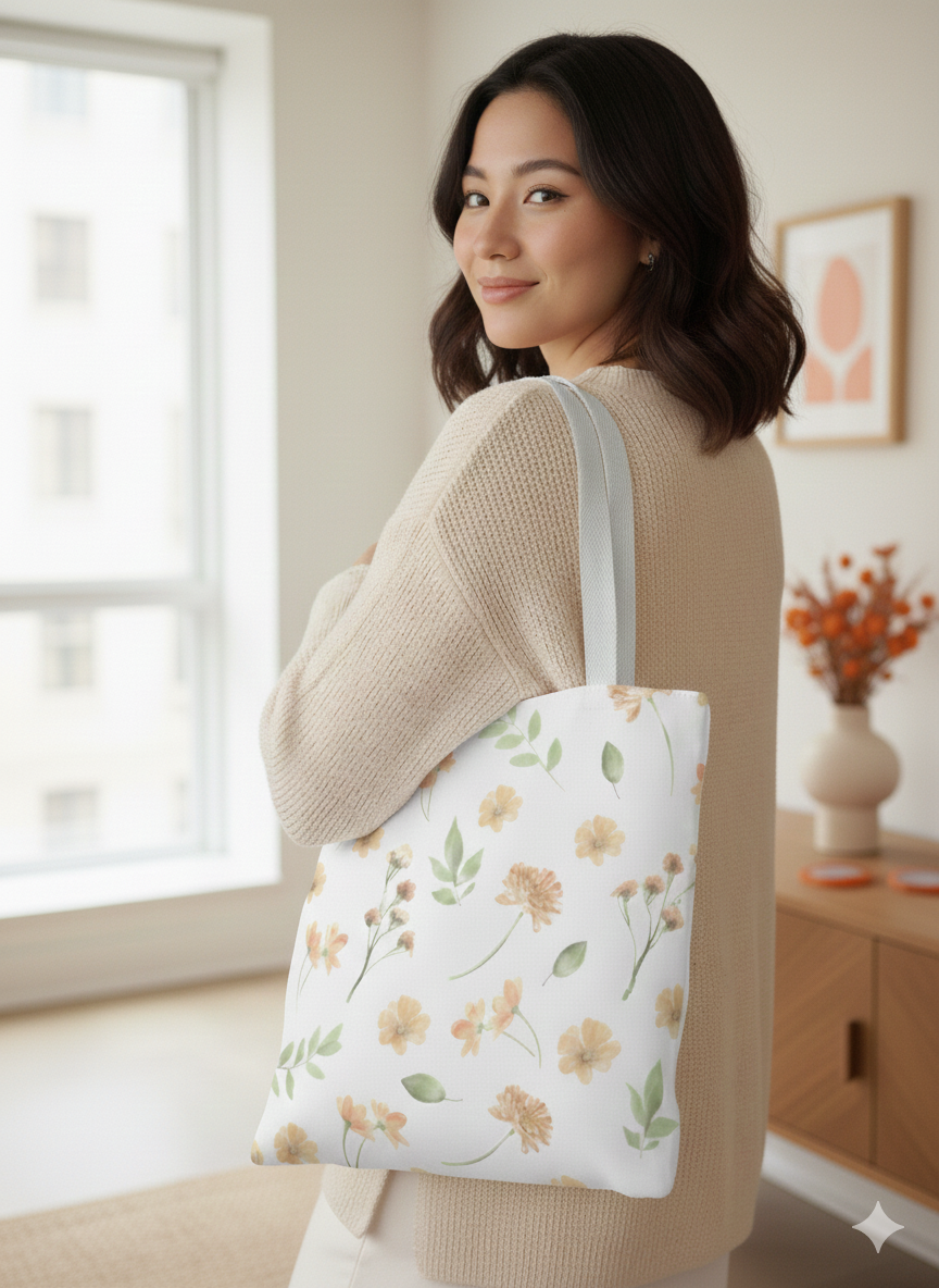 Floral Watercolor Tote Bag – Peach Blossom Pattern, Lightweight Everyday Market Tote