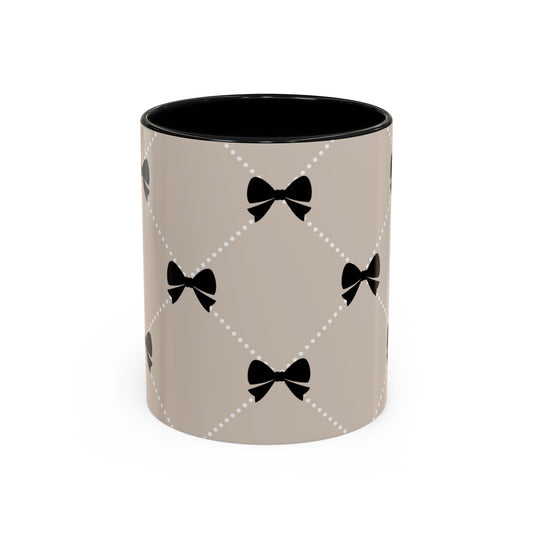 Pearl & Black Bow Accent Coffee Mug — Decorative 11/15oz Ceramic
