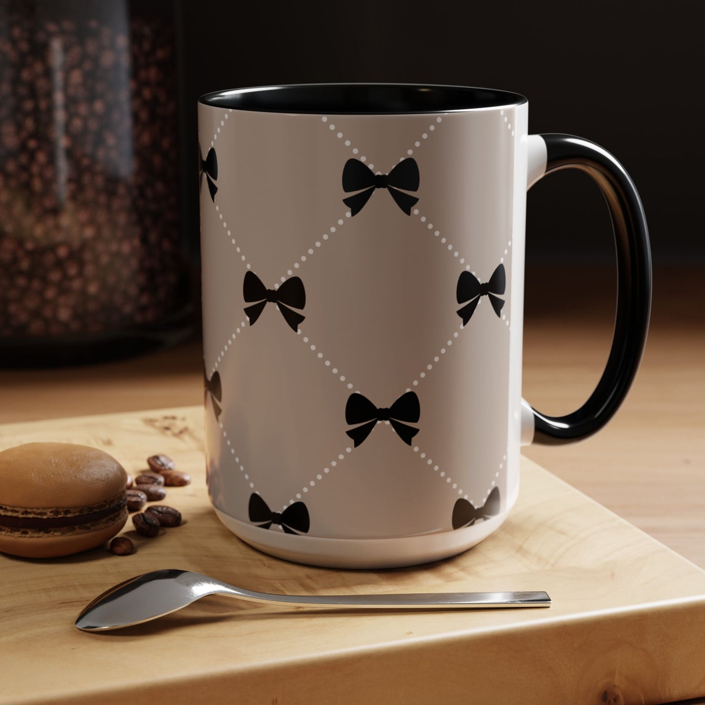 Pearl & Black Bow Accent Coffee Mug — Decorative 11/15oz Ceramic