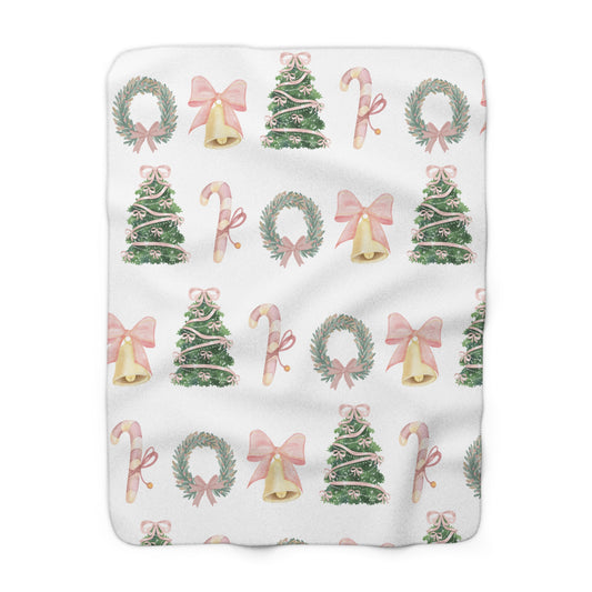 Pastel Christmas Sherpa Blanket – Wreaths, Trees & Candy Canes Holiday Throw