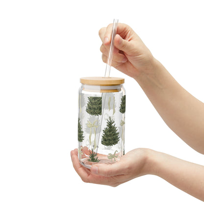 Christmas Trees & Coquette Bows Sipper Glass – 16oz Holiday Tumbler