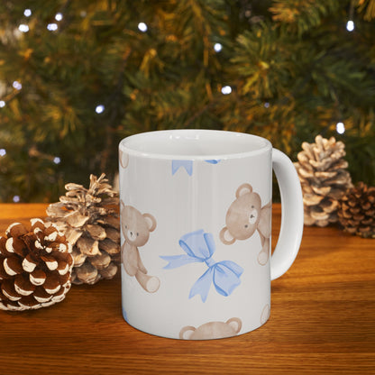 Teddy Bear Ceramic Mug with Blue Bows — Cute 11oz & 15oz Coffee Cup
