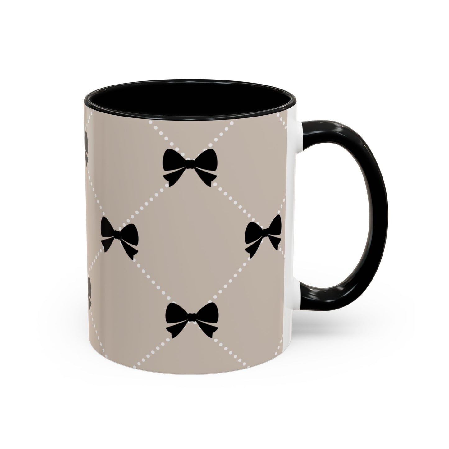 Pearl & Black Bow Accent Coffee Mug — Decorative 11/15oz Ceramic