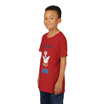 Youth Tee — "American Dude" Skateboarding Duck Graphic