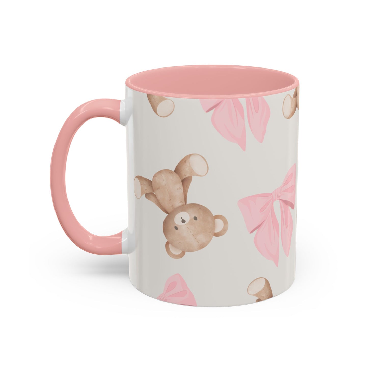 Teddy Bear Pink Bow Accent Coffee Mug — Cute 11/15oz Ceramic Mug with Pink Interior