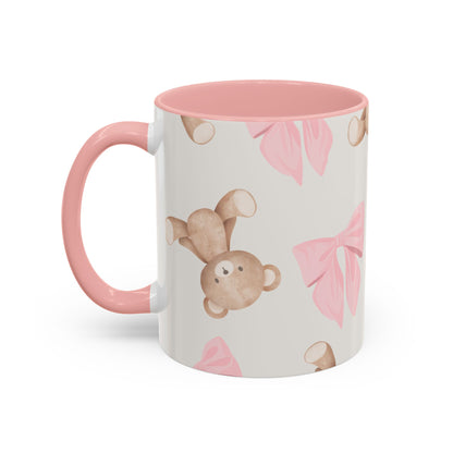 Teddy Bear Pink Bow Accent Coffee Mug — Cute 11/15oz Ceramic Mug with Pink Interior