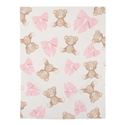 Teddy Bear & Pink Bows Baby Swaddle Blanket — Soft Newborn Wrap