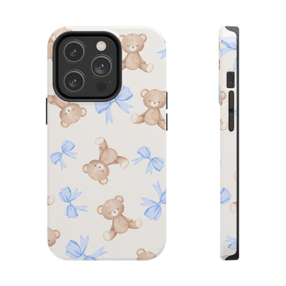 Teddy Bear Pattern Tough Phone Case — Cute Blue Bows