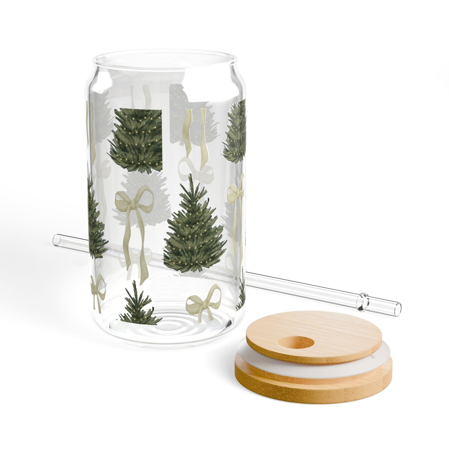 Christmas Trees & Coquette Bows Sipper Glass – 16oz Holiday Tumbler