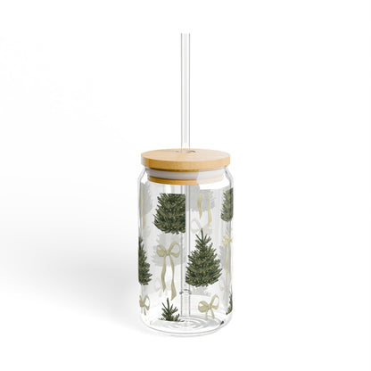Christmas Trees & Coquette Bows Sipper Glass – 16oz Holiday Tumbler