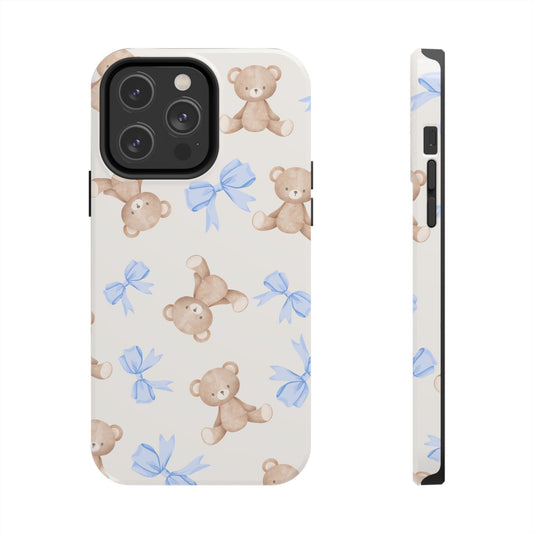 Teddy Bear Pattern Tough Phone Case — Cute Blue Bows