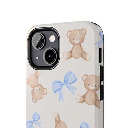Teddy Bear Pattern Tough Phone Case — Cute Blue Bows