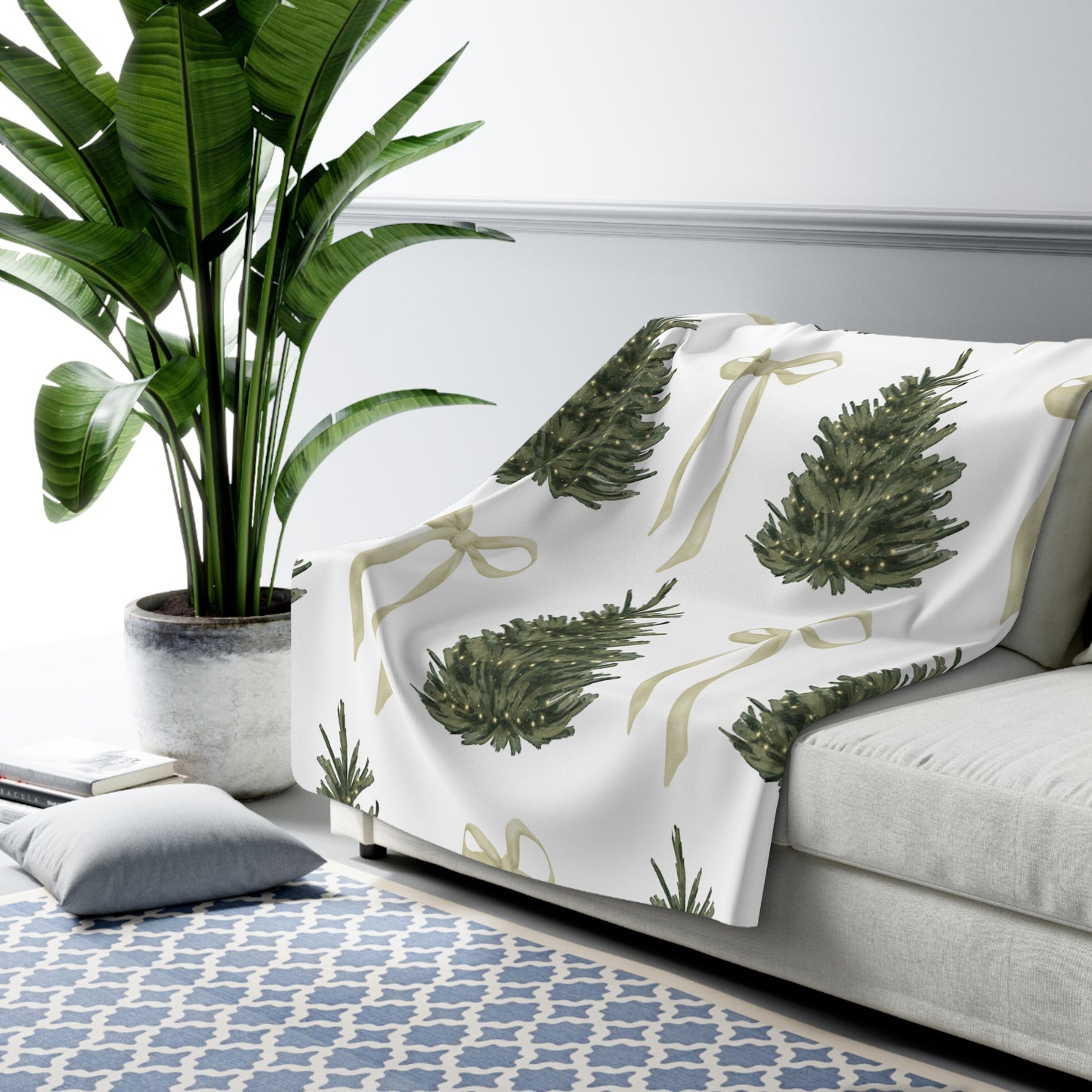 Christmas Tree Sherpa Fleece Blanket — Cozy Blanket with Coquette Bows