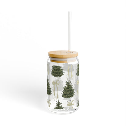 Christmas Trees & Coquette Bows Sipper Glass – 16oz Holiday Tumbler