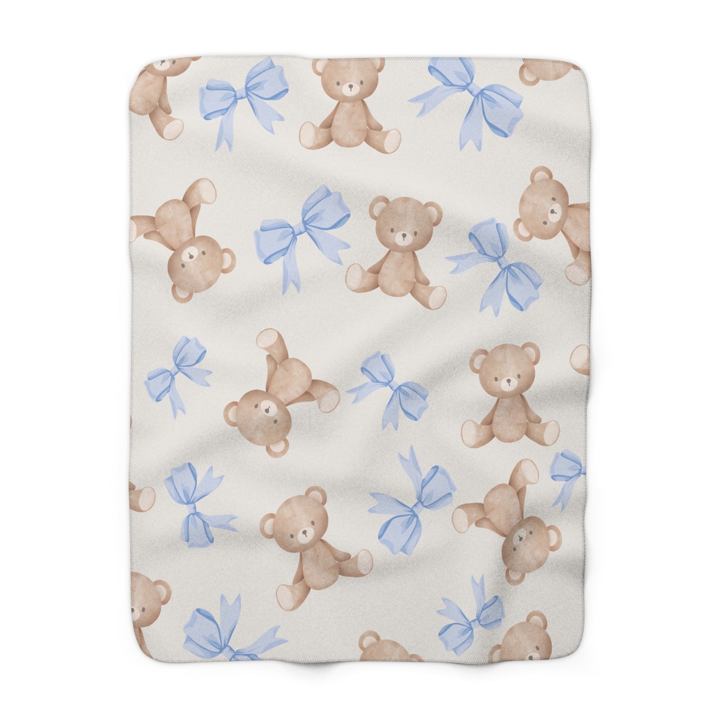 Teddy Bear Sherpa Fleece Blanket with Blue Coquette Bows