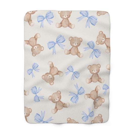 Teddy Bear Sherpa Fleece Blanket with Blue Coquette Bows