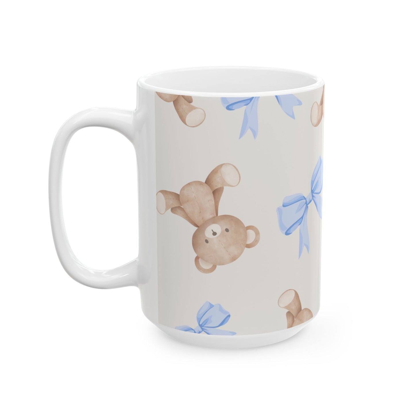Teddy Bear Ceramic Mug with Blue Bows — Cute 11oz & 15oz Coffee Cup