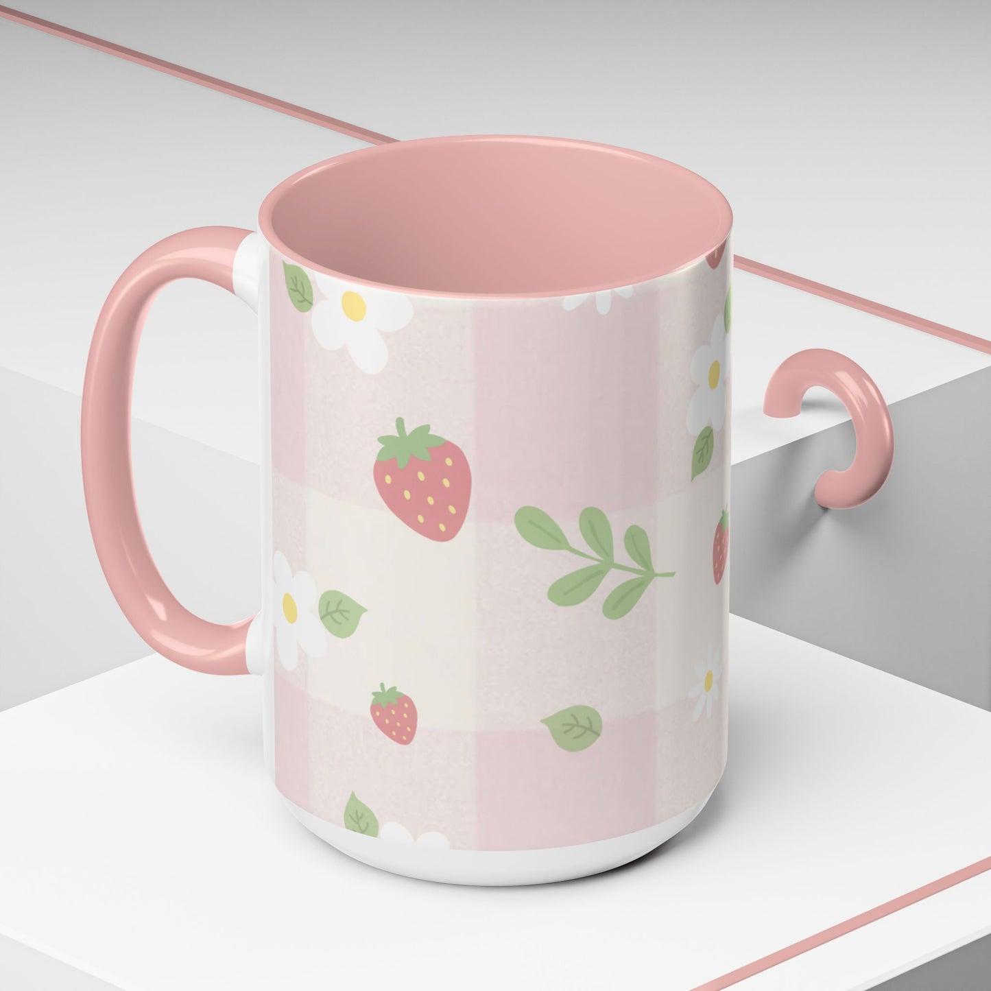 Strawberry Accent Coffee Mug — Pink or Green Interior (11oz & 15oz)