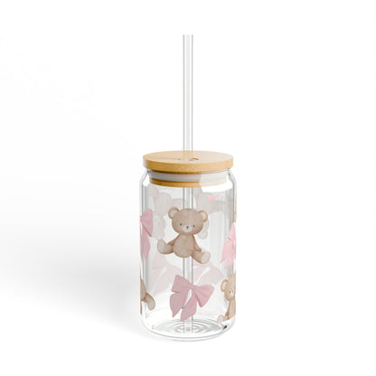 16oz Sipper Glass — Pink Coquette Bows & Teddy Bears