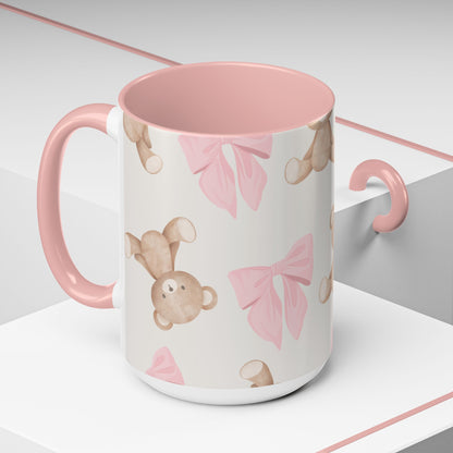 Teddy Bear Pink Bow Accent Coffee Mug — Cute 11/15oz Ceramic Mug with Pink Interior