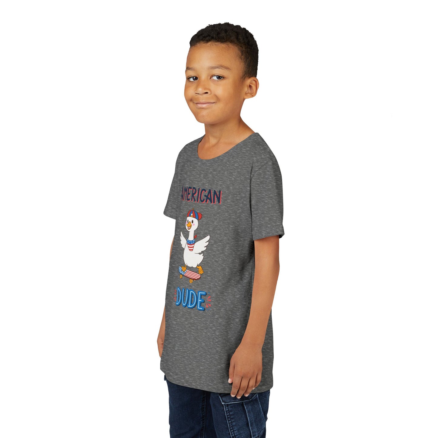 Youth Tee — "American Dude" Skateboarding Duck Graphic