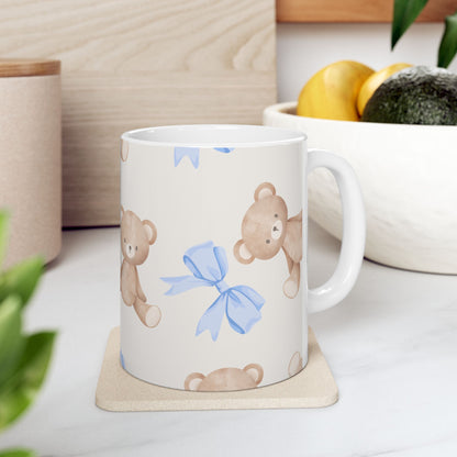 Teddy Bear Ceramic Mug with Blue Bows — Cute 11oz & 15oz Coffee Cup