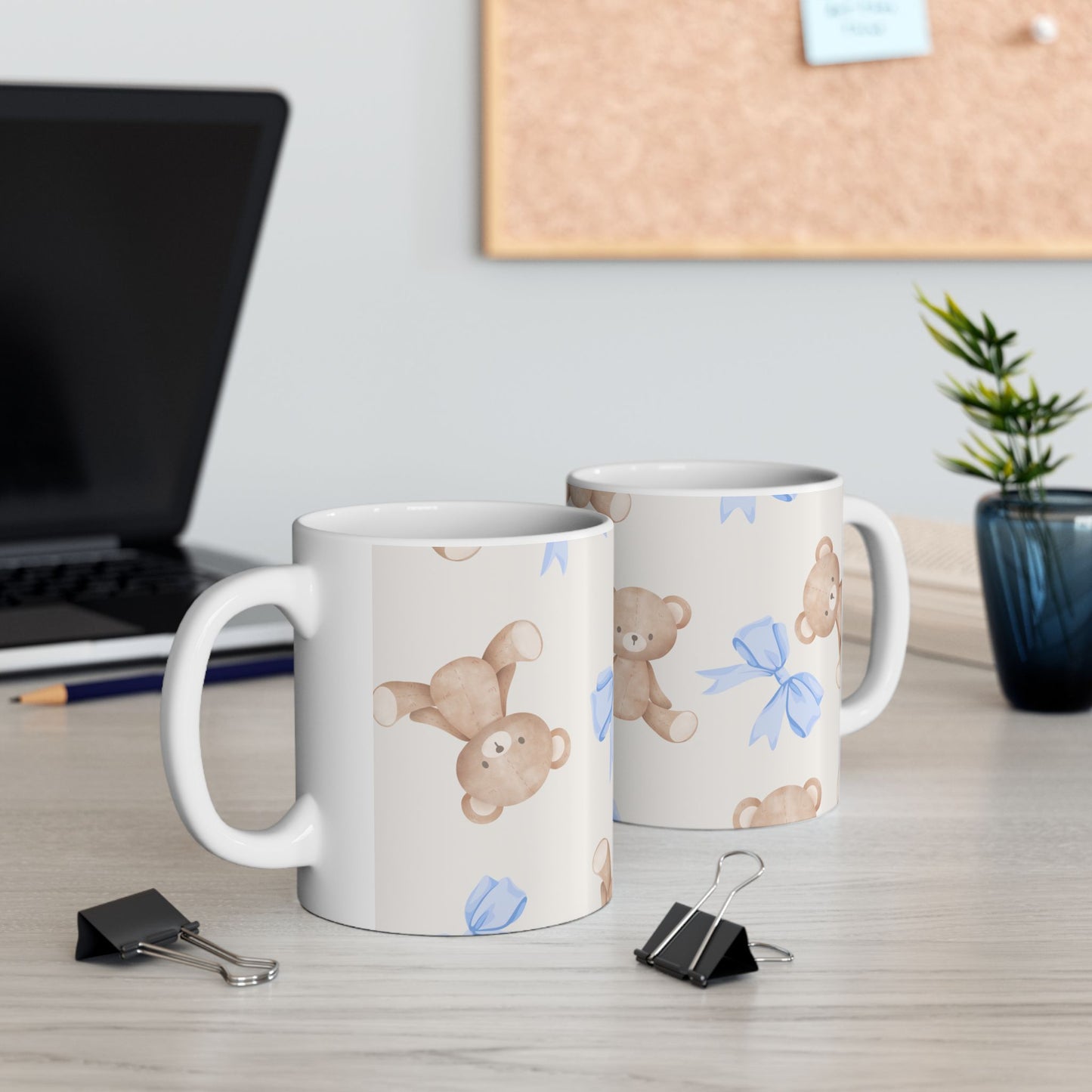 Teddy Bear Ceramic Mug with Blue Bows — Cute 11oz & 15oz Coffee Cup