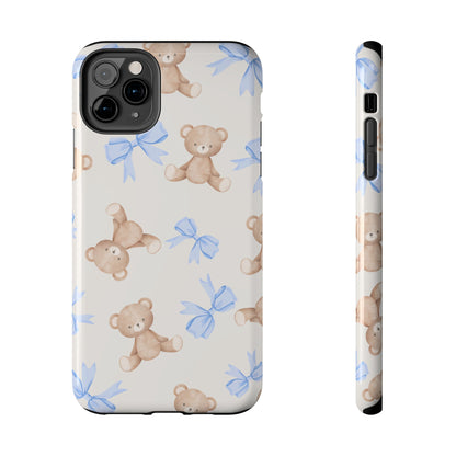 Teddy Bear Pattern Tough Phone Case — Cute Blue Bows