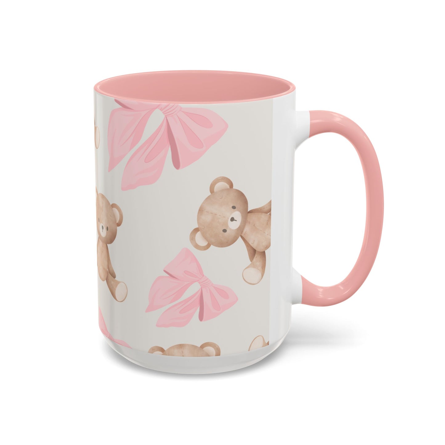 Teddy Bear Pink Bow Accent Coffee Mug — Cute 11/15oz Ceramic Mug with Pink Interior