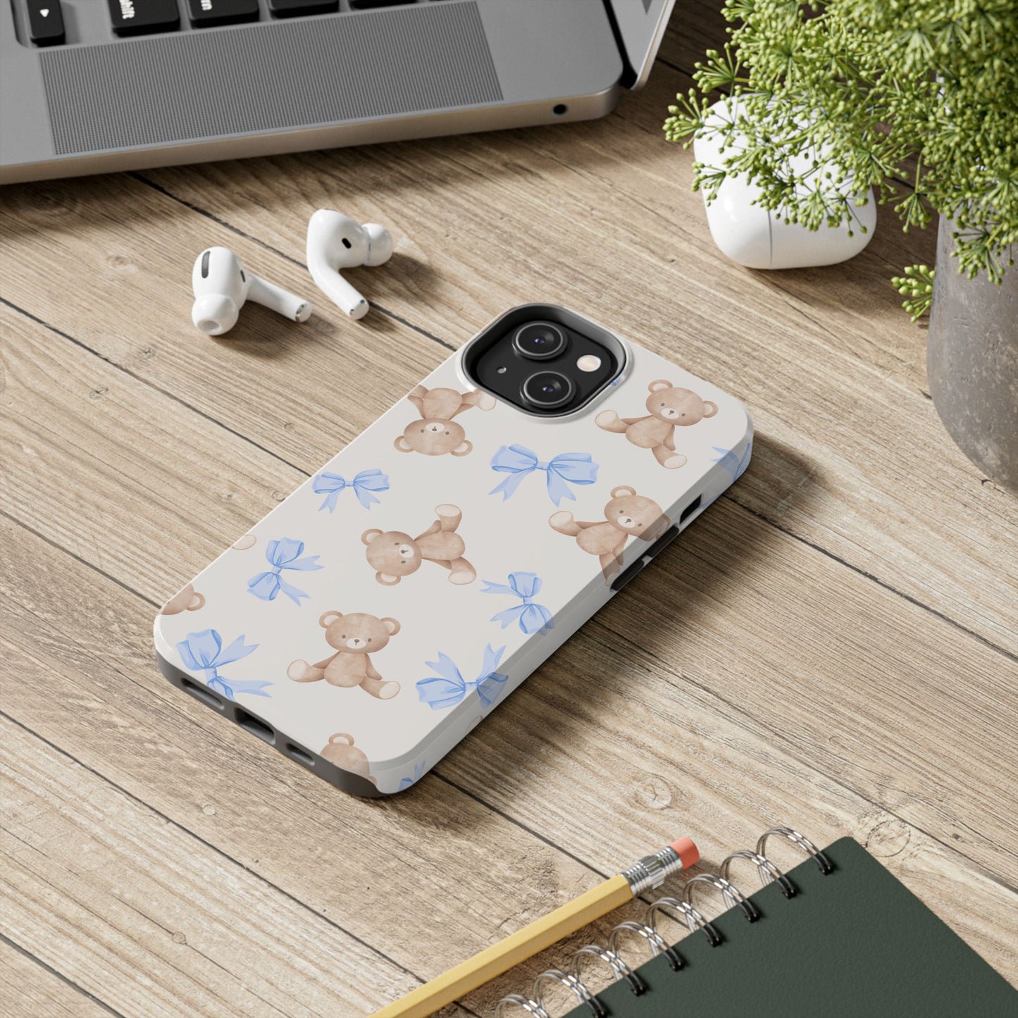 Teddy Bear Pattern Tough Phone Case — Cute Blue Bows