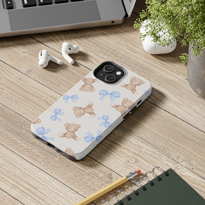 Teddy Bear Pattern Tough Phone Case — Cute Blue Bows