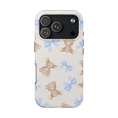 Teddy Bear Pattern Tough Phone Case — Cute Blue Bows