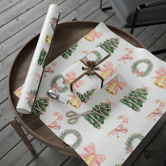 Christmas Wreath & Tree Wrapping Paper Roll – Pastel Holiday Gift Wrap