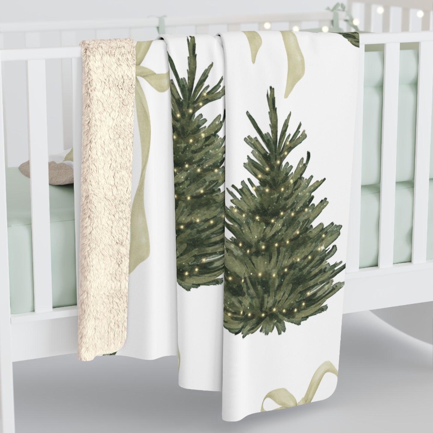 Christmas Tree Sherpa Fleece Blanket — Cozy Blanket with Coquette Bows