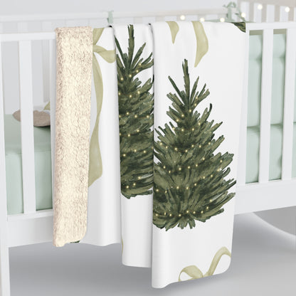 Christmas Tree Sherpa Fleece Blanket — Cozy Blanket with Coquette Bows