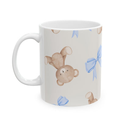 Teddy Bear Ceramic Mug with Blue Bows — Cute 11oz & 15oz Coffee Cup