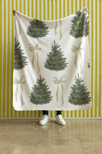 Christmas Tree Sherpa Fleece Blanket — Cozy Blanket with Coquette Bows