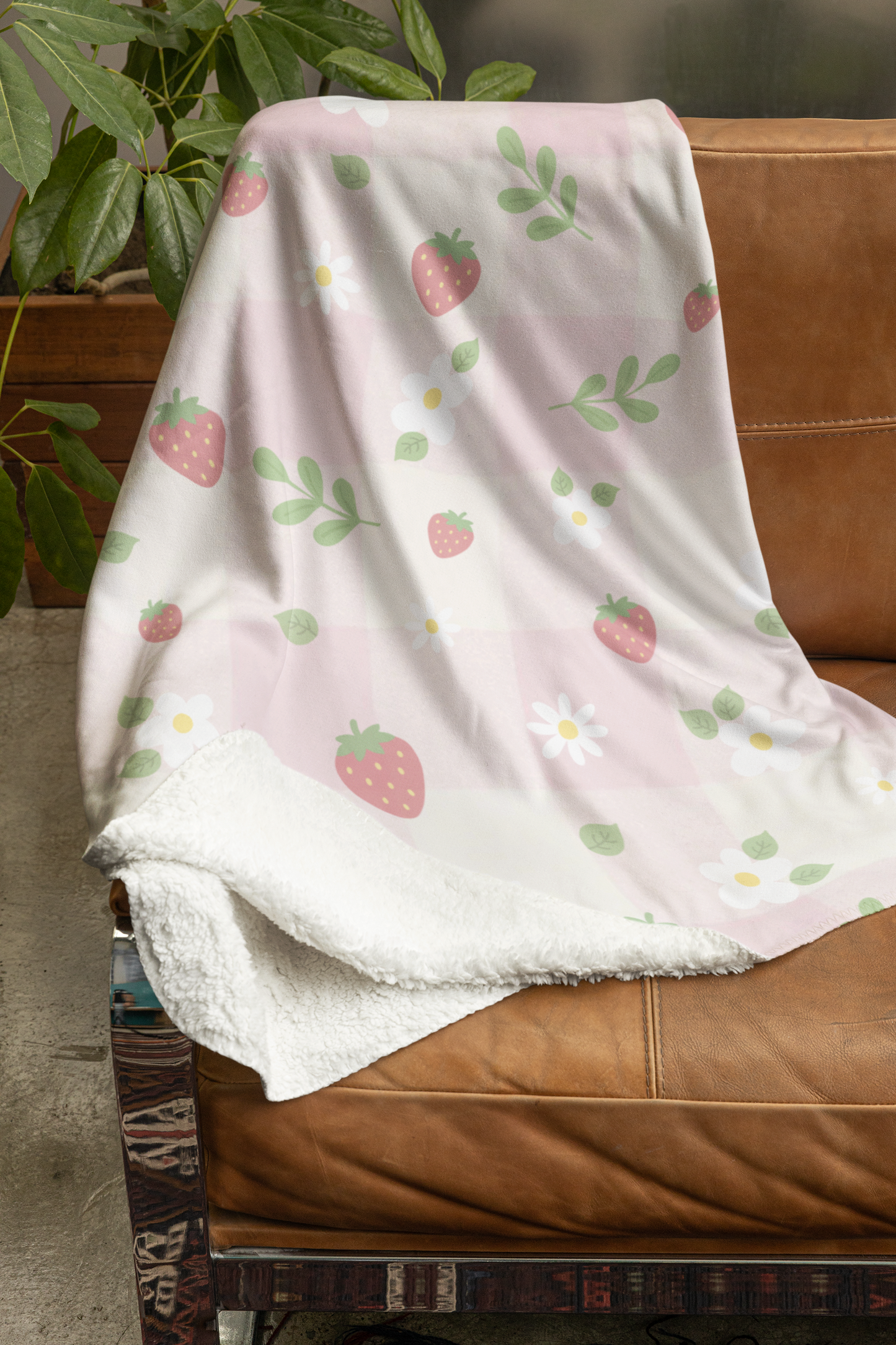 Strawberry Sherpa Fleece Blanket — Cozy Fruit Print Throw