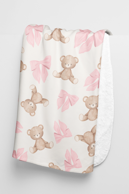 Teddy Bear Sherpa Blanket — Pink Coquette Bows
