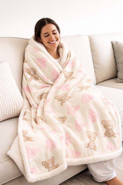 Teddy Bear Sherpa Blanket — Pink Coquette Bows