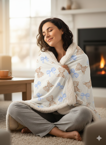 Teddy Bear Sherpa Fleece Blanket with Blue Coquette Bows