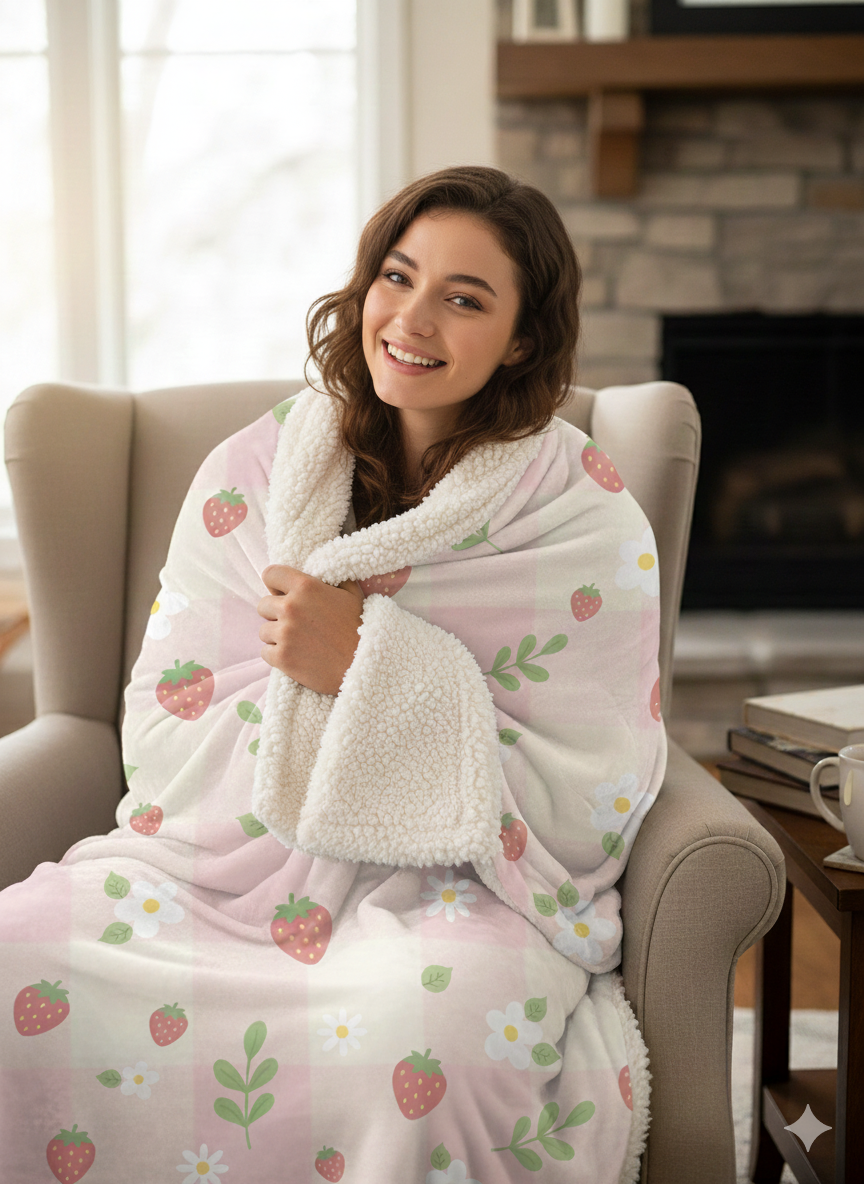 Strawberry Sherpa Fleece Blanket — Cozy Fruit Print Throw