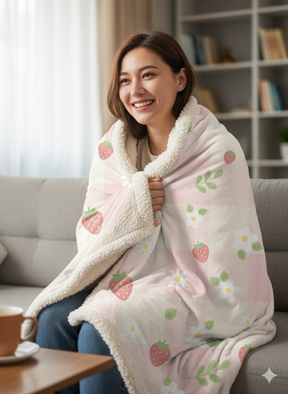 Strawberry Sherpa Fleece Blanket — Cozy Fruit Print Throw