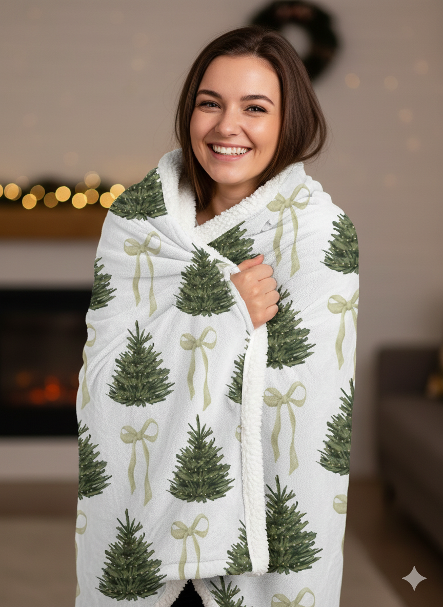 Christmas Tree Sherpa Fleece Blanket — Cozy Blanket with Coquette Bows