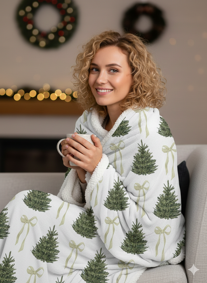 Christmas Tree Sherpa Fleece Blanket — Cozy Blanket with Coquette Bows