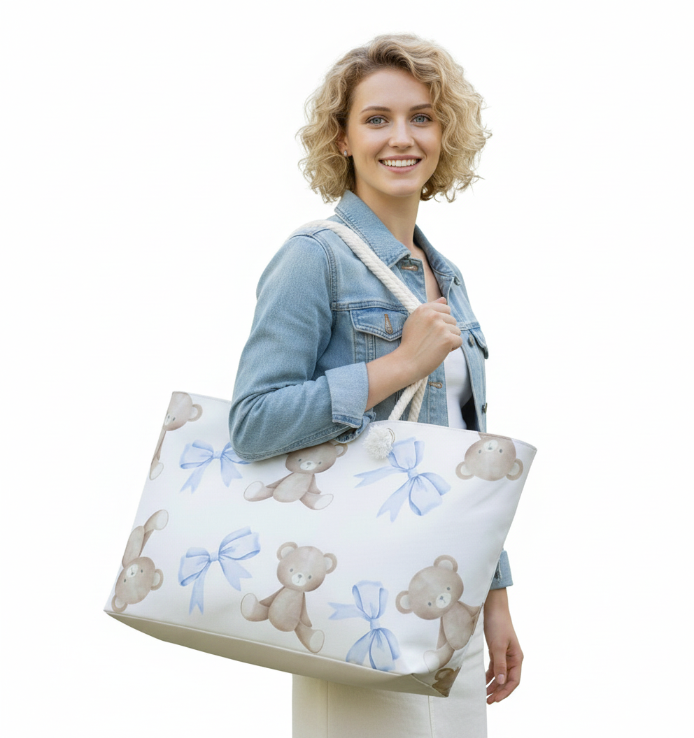 Teddy Bear Weekender Bag — Cute Blue Bow Travel Duffel