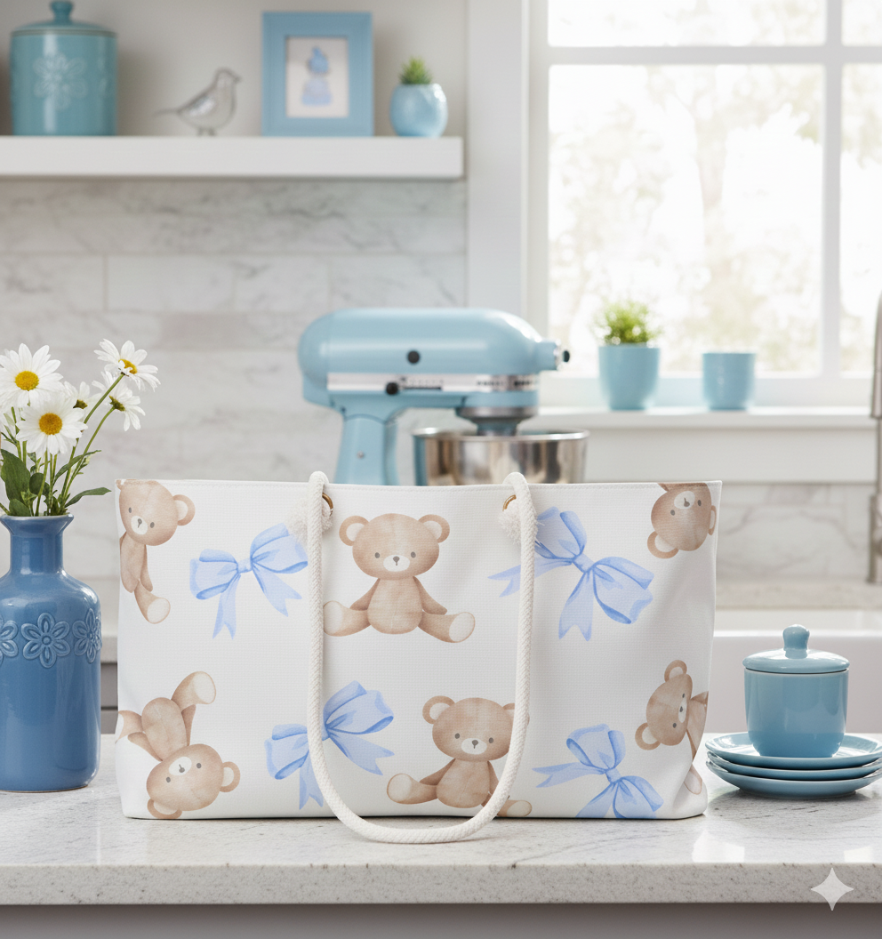 Teddy Bear Weekender Bag — Cute Blue Bow Travel Duffel
