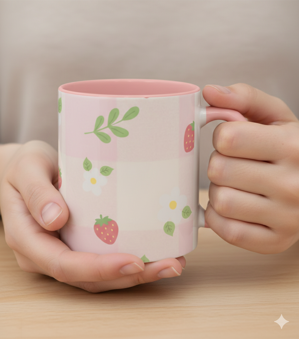 Strawberry Accent Coffee Mug — Pink or Green Interior (11oz & 15oz)